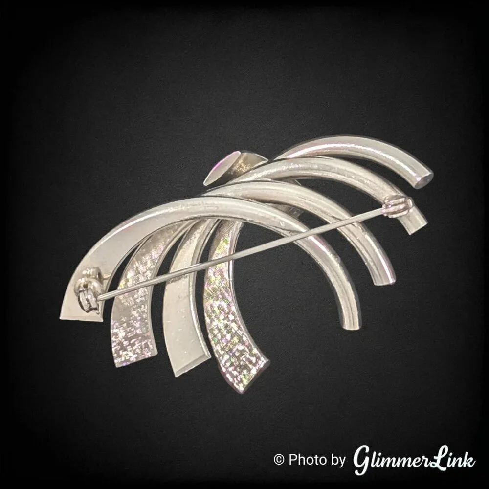 Vintage Modernist Bow Ribbon Arched Silver Tone Brooch Pin